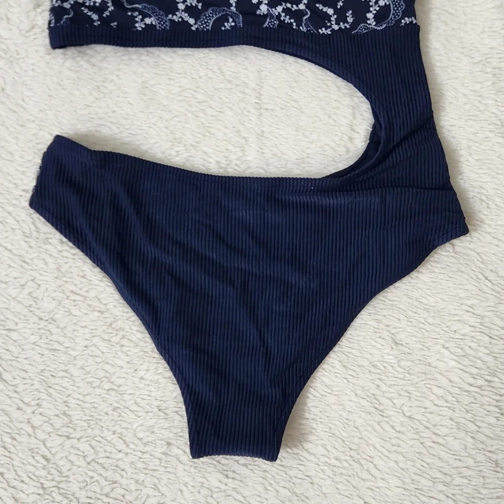 New!Frankie's Bikinis Blue Thea Ribbed One-Piece‎ Swimsuit